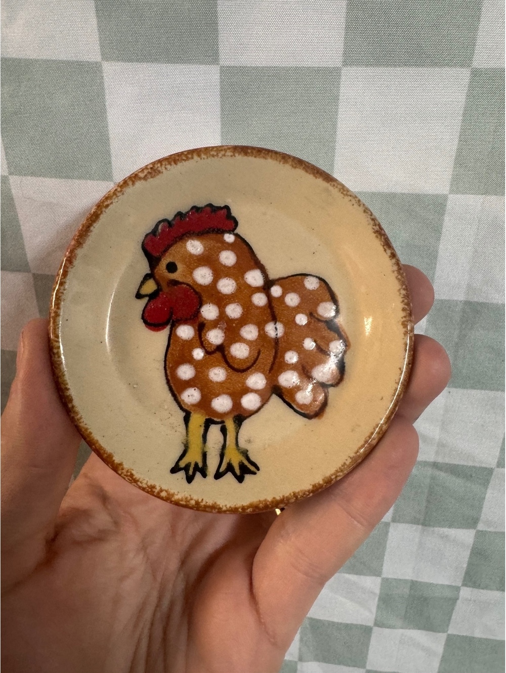 Vintage Hand-Painted Ceramic Mini Plate with Polka Dot Chicken Design
